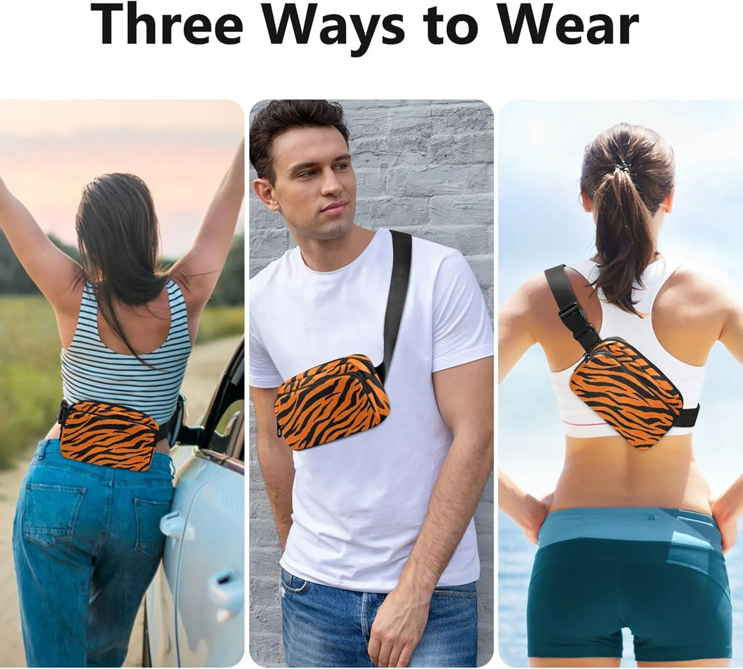 Orange Black Tiger Stripe Fanny Pack for Women Hip Pack Belt Pouch Waterproof Bright Colored Cross Body Waist Purse