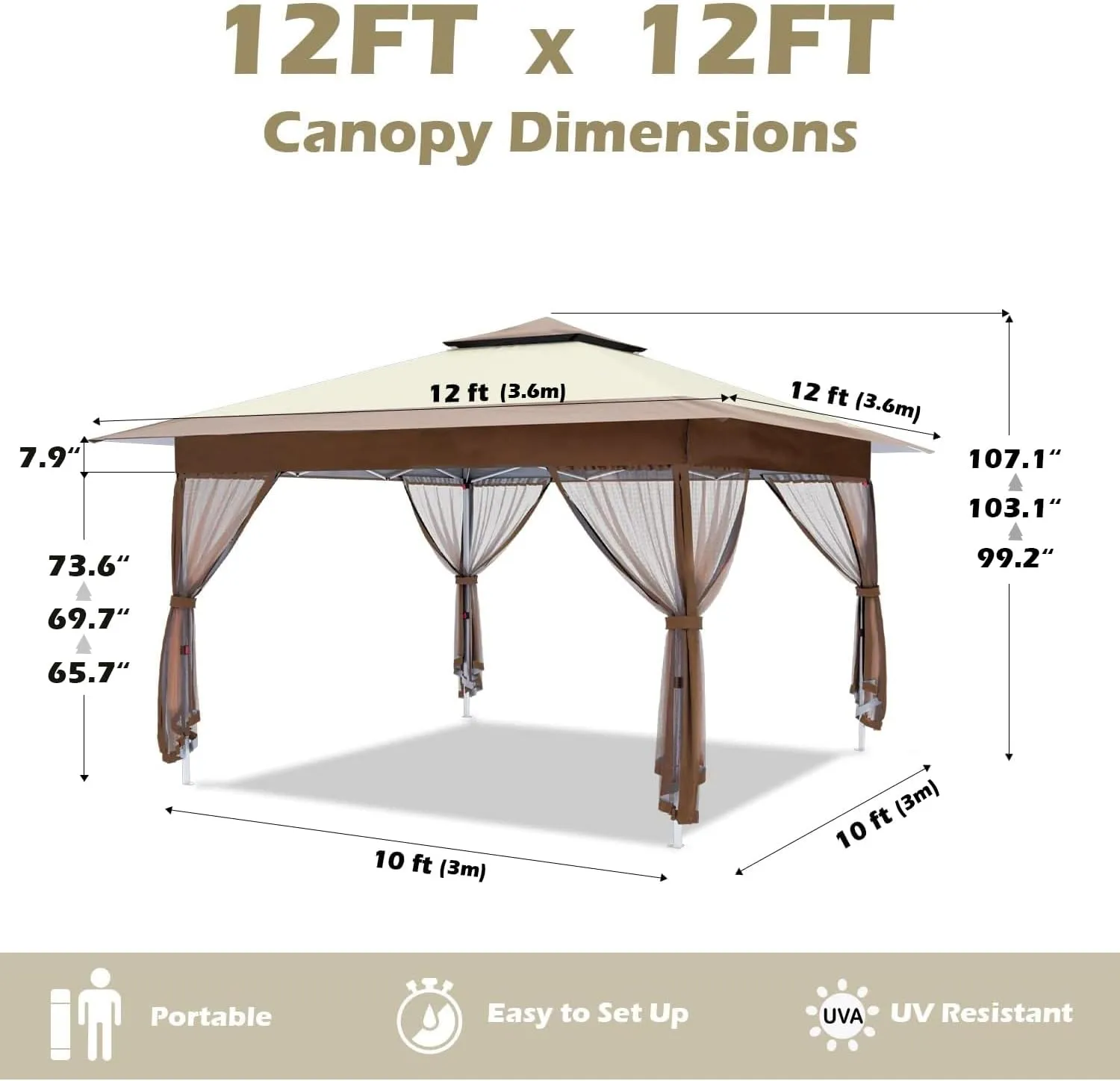 OUTFINE 12'x12' Gazebo Outdoor Pop up Canopy Tent with Curtains and Shelter for Patio, Party & Backyard (Khaki)