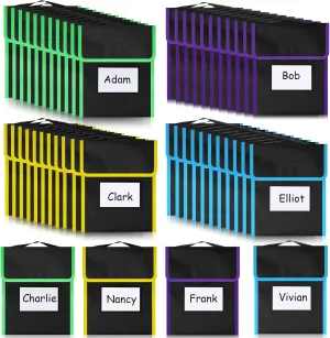 Outus Medium Book Pouches Nylon Black Book Bag with Clear Name Tag Pocket Stitched on Handle Reading Preschool Teacher Supplies for Students Classroom School Home, 9.8" x 11.8" (48 Pcs)
