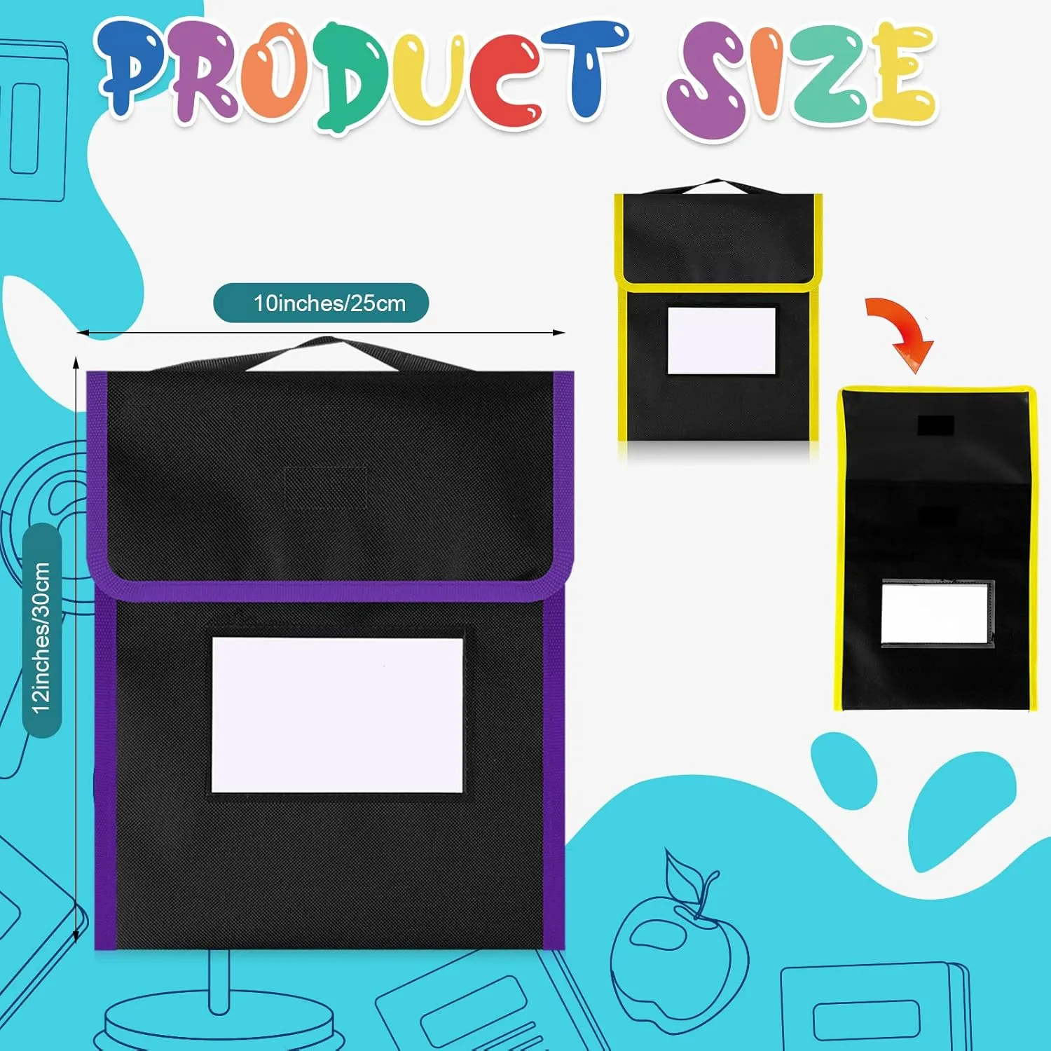 Outus Medium Book Pouches Nylon Black Book Bag with Clear Name Tag Pocket Stitched on Handle Reading Preschool Teacher Supplies for Students Classroom School Home, 9.8" x 11.8" (48 Pcs)