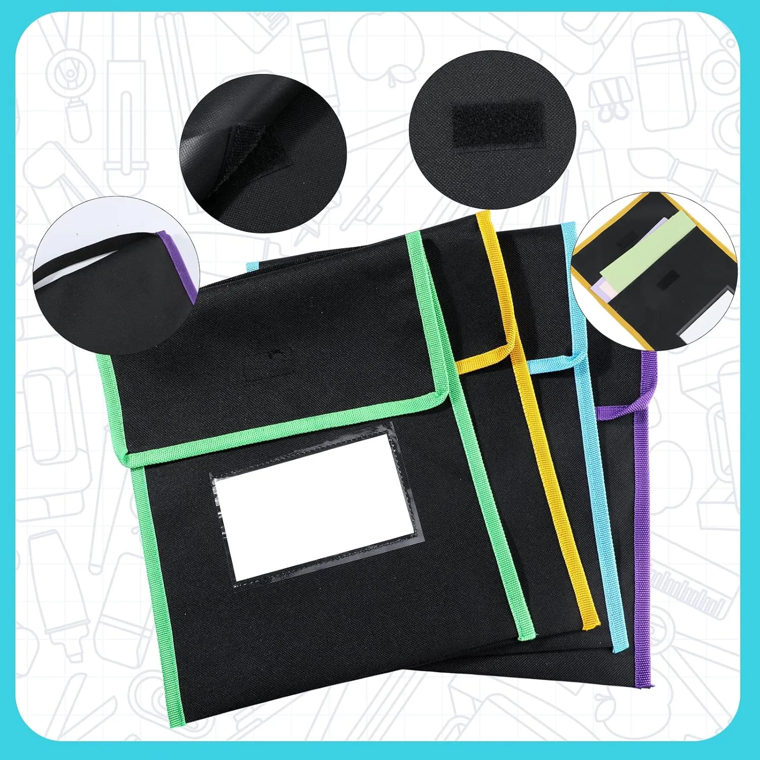 Outus Medium Book Pouches Nylon Black Book Bag with Clear Name Tag Pocket Stitched on Handle Reading Preschool Teacher Supplies for Students Classroom School Home, 9.8" x 11.8" (48 Pcs)