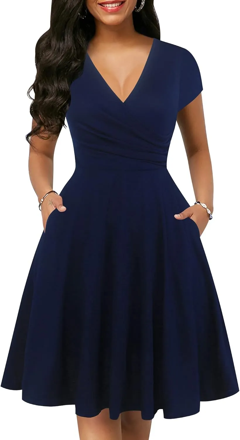 oxiuly Women's Vintage Dot V-Neck Cap Sleeve Casual Pockets Swing Tea Dress OX296
