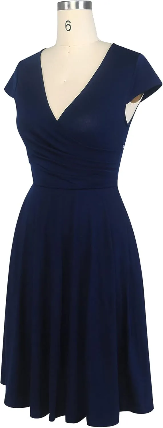 oxiuly Women's Vintage Dot V-Neck Cap Sleeve Casual Pockets Swing Tea Dress OX296