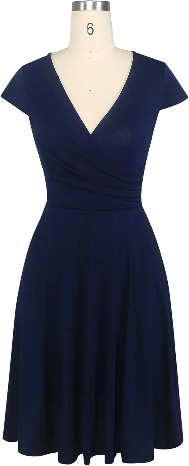 oxiuly Women's Vintage Dot V-Neck Cap Sleeve Casual Pockets Swing Tea Dress OX296