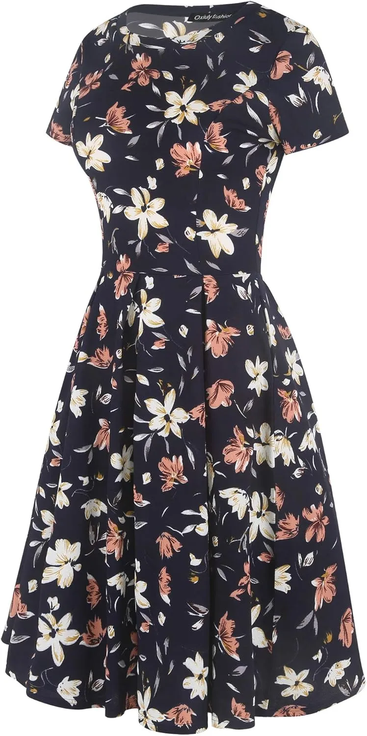 oxiuly Women's Vintage Half Sleeve O-Neck Contrast Casual Pockets Party Swing Dress OX253