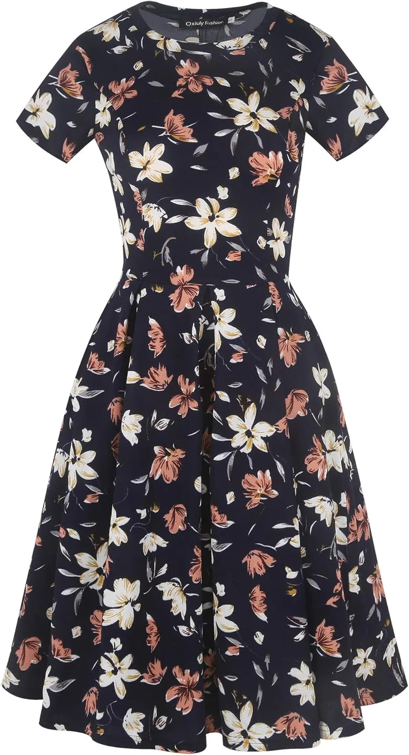 oxiuly Women's Vintage Half Sleeve O-Neck Contrast Casual Pockets Party Swing Dress OX253