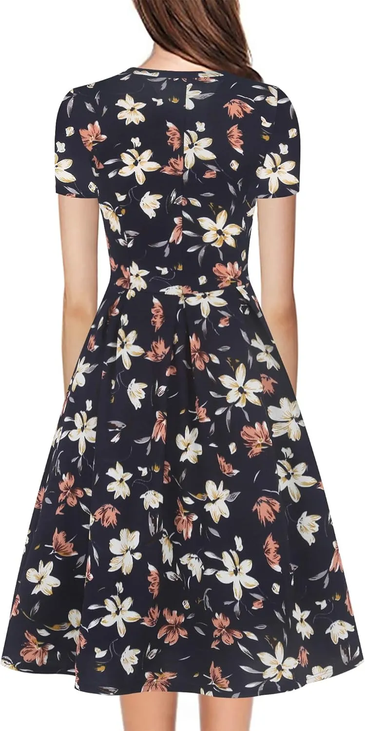 oxiuly Women's Vintage Half Sleeve O-Neck Contrast Casual Pockets Party Swing Dress OX253