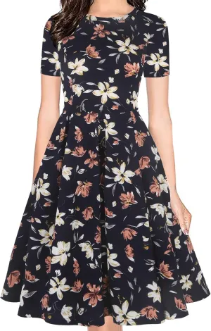 oxiuly Women's Vintage Half Sleeve O-Neck Contrast Casual Pockets Party Swing Dress OX253