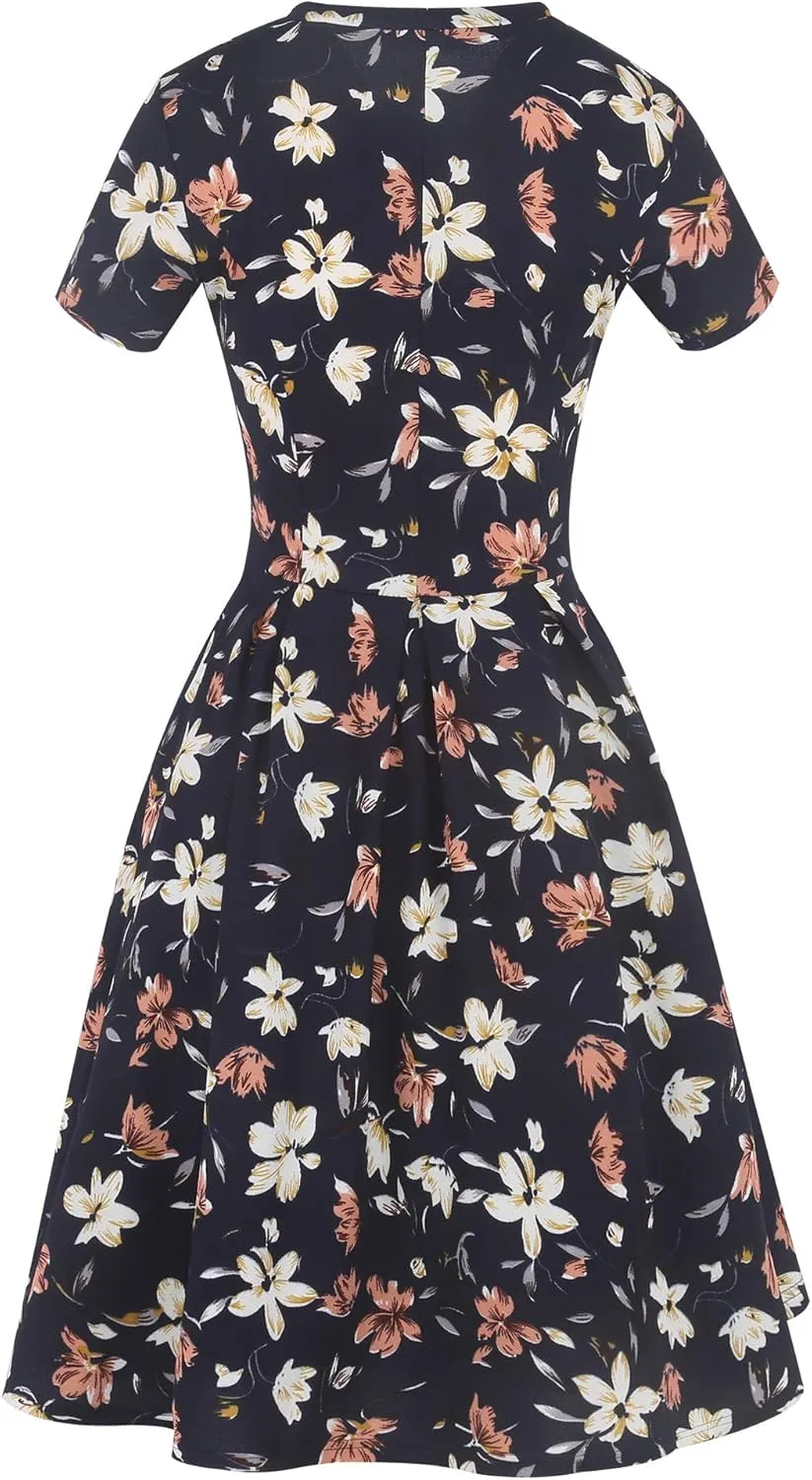 oxiuly Women's Vintage Half Sleeve O-Neck Contrast Casual Pockets Party Swing Dress OX253