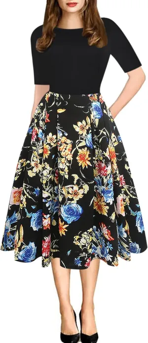 oxiuly Women's Vintage Patchwork Pockets Puffy Swing Casual Party Dress OX165