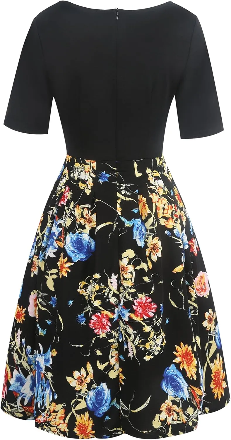 oxiuly Women's Vintage Patchwork Pockets Puffy Swing Casual Party Dress OX165