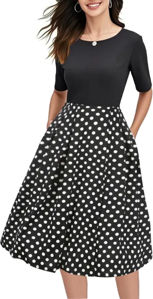 oxiuly Women's Vintage Patchwork Pockets Puffy Swing Casual Party Dress OX165