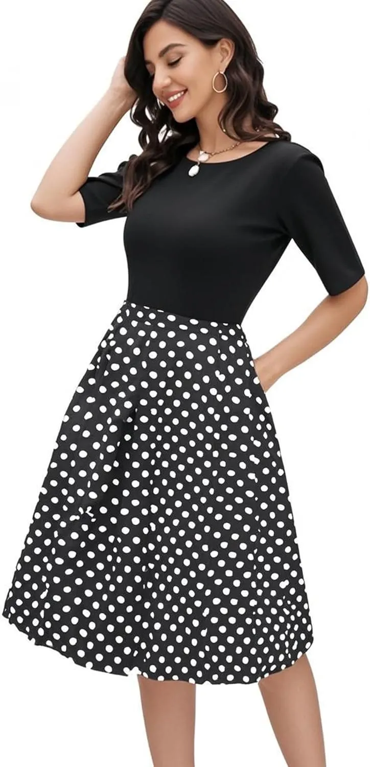 oxiuly Women's Vintage Patchwork Pockets Puffy Swing Casual Party Dress OX165
