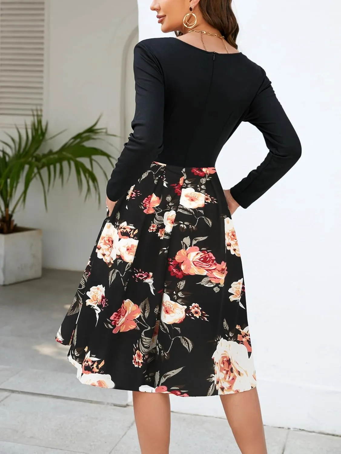oxiuly Women's Vintage Patchwork Pockets Puffy Swing Casual Party Dress OX165