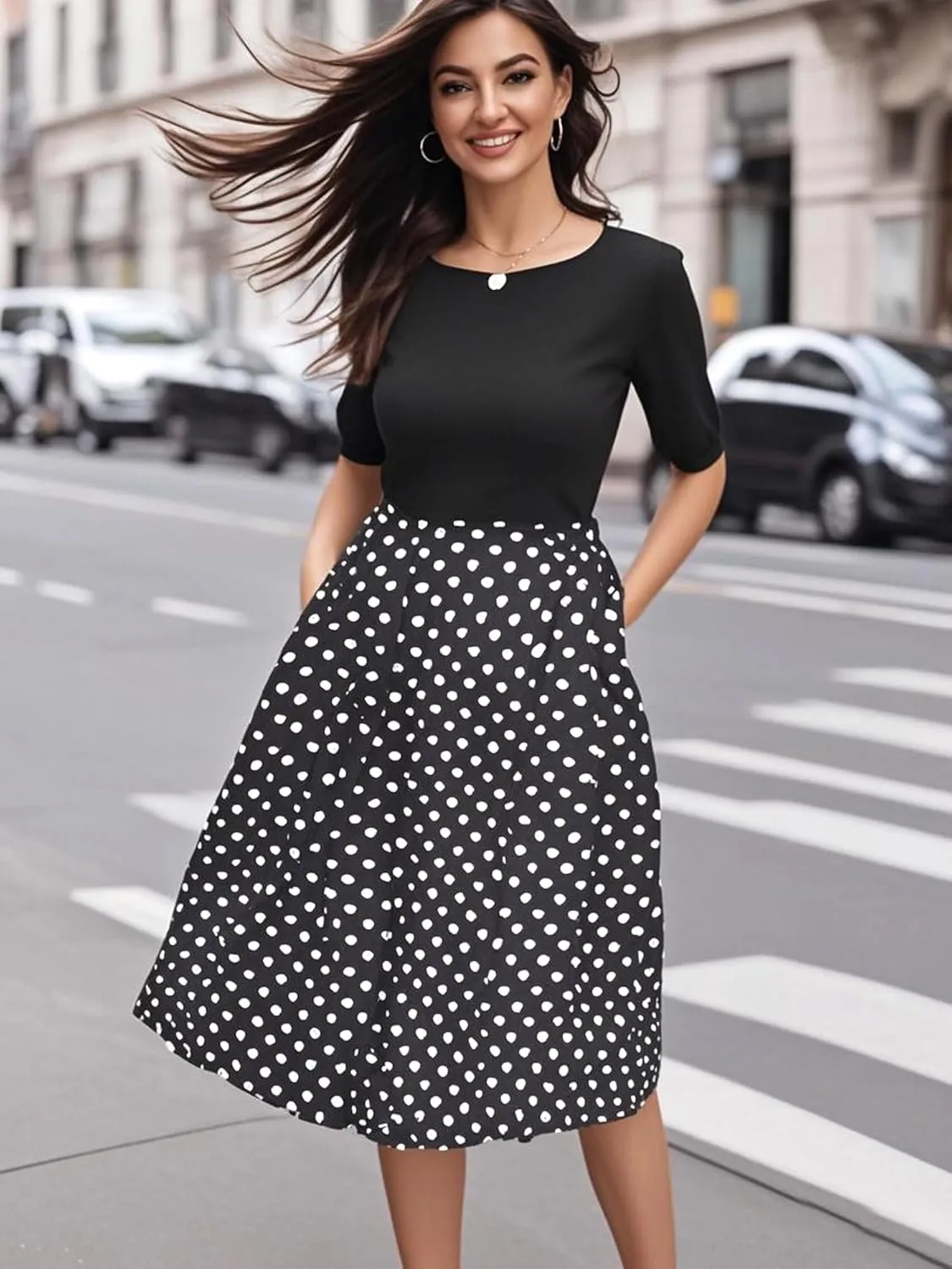 oxiuly Women's Vintage Patchwork Pockets Puffy Swing Casual Party Dress OX165