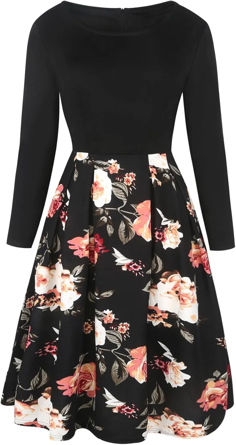 oxiuly Women's Vintage Patchwork Pockets Puffy Swing Casual Party Dress OX165
