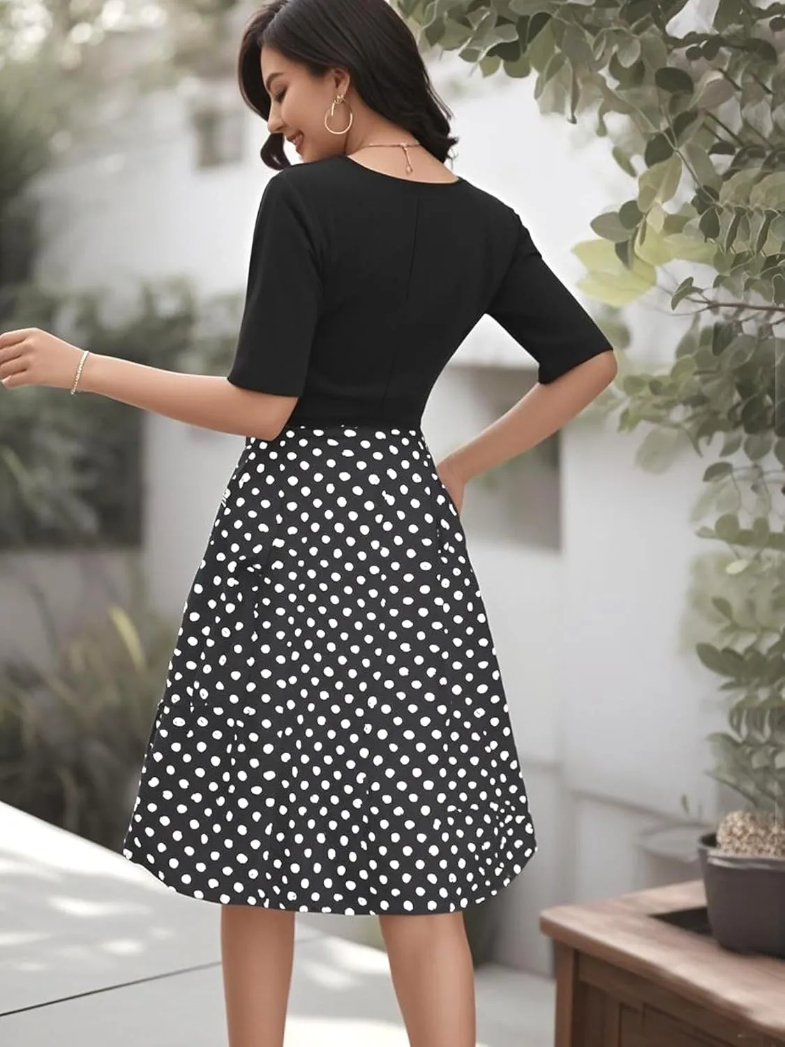oxiuly Women's Vintage Patchwork Pockets Puffy Swing Casual Party Dress OX165