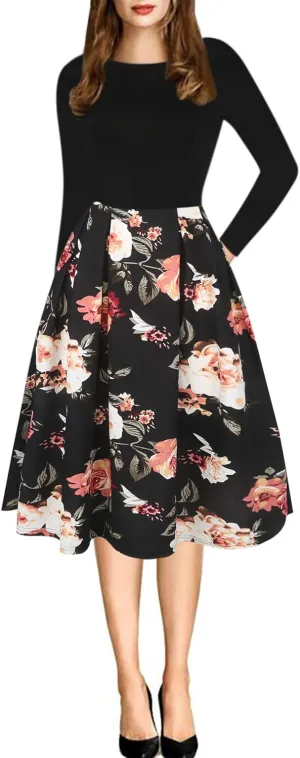 oxiuly Women's Vintage Patchwork Pockets Puffy Swing Casual Party Dress OX165
