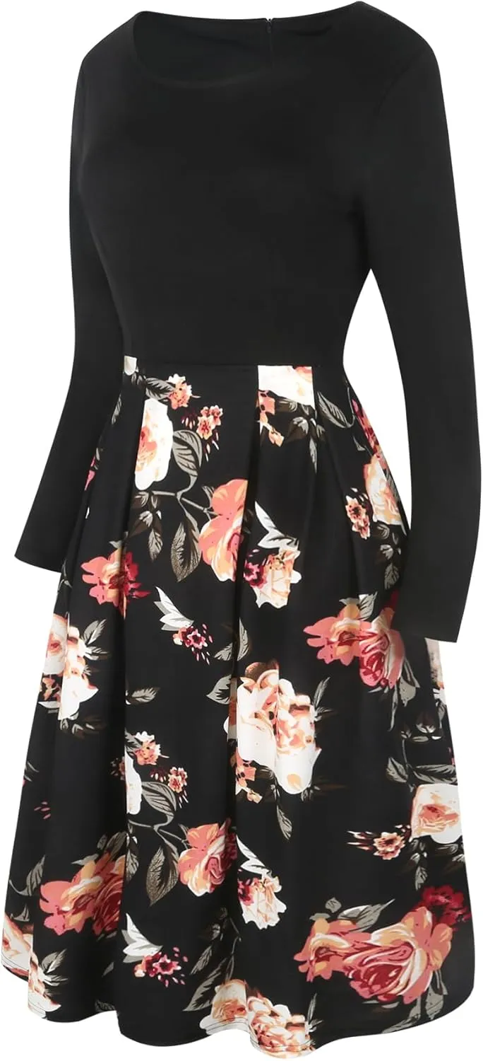 oxiuly Women's Vintage Patchwork Pockets Puffy Swing Casual Party Dress OX165