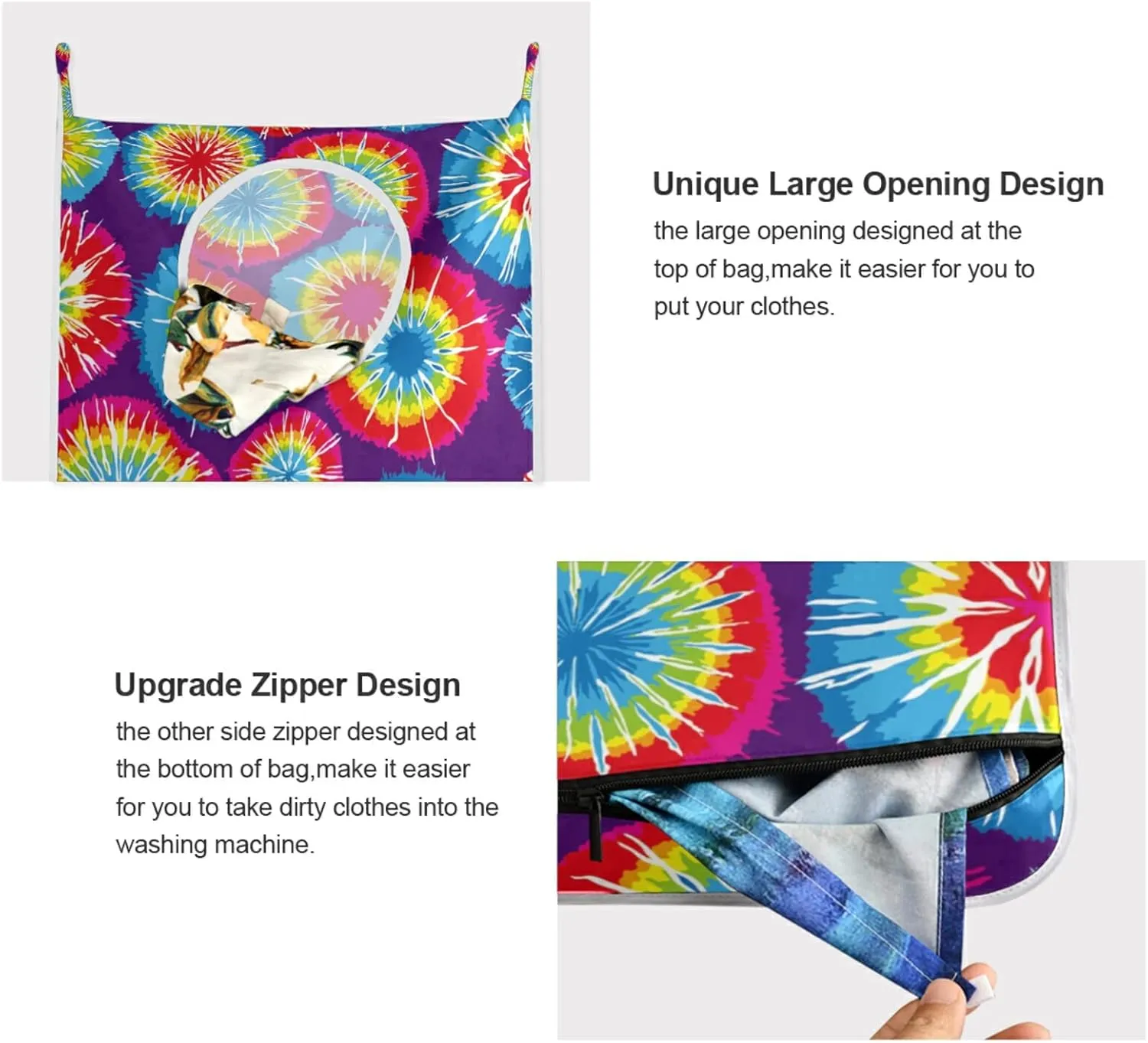 Oyihfvs Colorful Tie Dye Pink Blue Purple Yellow Red Hippie Hanging Laundry Hamper Bag, Dirty Clothes Basket Bag with Hooks Bag Space Saving, for Bathroom, Bedroom, Storage, Behind Doors