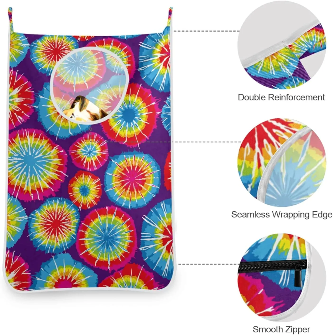 Oyihfvs Colorful Tie Dye Pink Blue Purple Yellow Red Hippie Hanging Laundry Hamper Bag, Dirty Clothes Basket Bag with Hooks Bag Space Saving, for Bathroom, Bedroom, Storage, Behind Doors