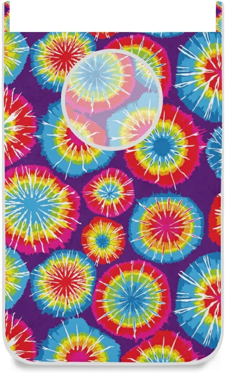 Oyihfvs Colorful Tie Dye Pink Blue Purple Yellow Red Hippie Hanging Laundry Hamper Bag, Dirty Clothes Basket Bag with Hooks Bag Space Saving, for Bathroom, Bedroom, Storage, Behind Doors