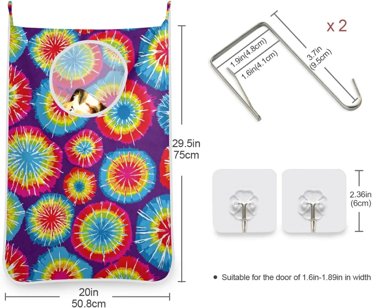 Oyihfvs Colorful Tie Dye Pink Blue Purple Yellow Red Hippie Hanging Laundry Hamper Bag, Dirty Clothes Basket Bag with Hooks Bag Space Saving, for Bathroom, Bedroom, Storage, Behind Doors