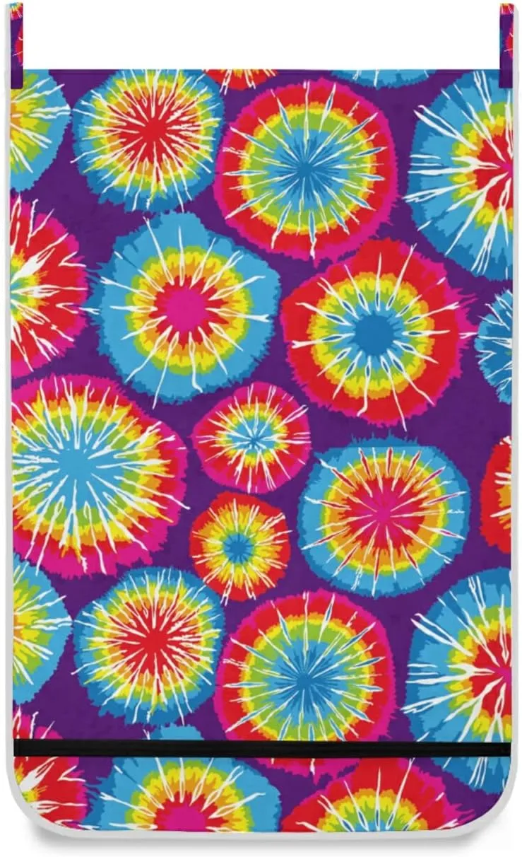 Oyihfvs Colorful Tie Dye Pink Blue Purple Yellow Red Hippie Hanging Laundry Hamper Bag, Dirty Clothes Basket Bag with Hooks Bag Space Saving, for Bathroom, Bedroom, Storage, Behind Doors