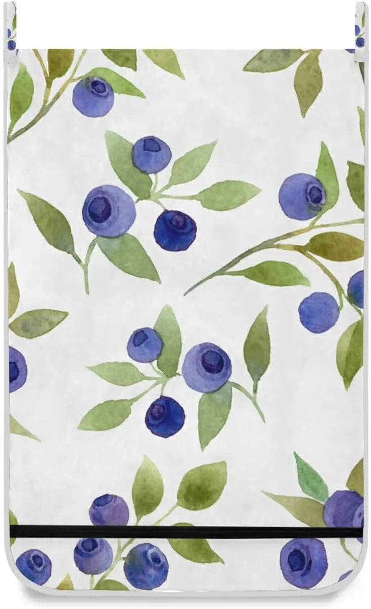Oyihfvs Seamless Blue Berries with Green Leaves on White Hanging Laundry Hamper Bag, Dirty Clothes Basket Bag with Hooks Bag Space Saving, for Bathroom, Bedroom, Storage, Behind Doors