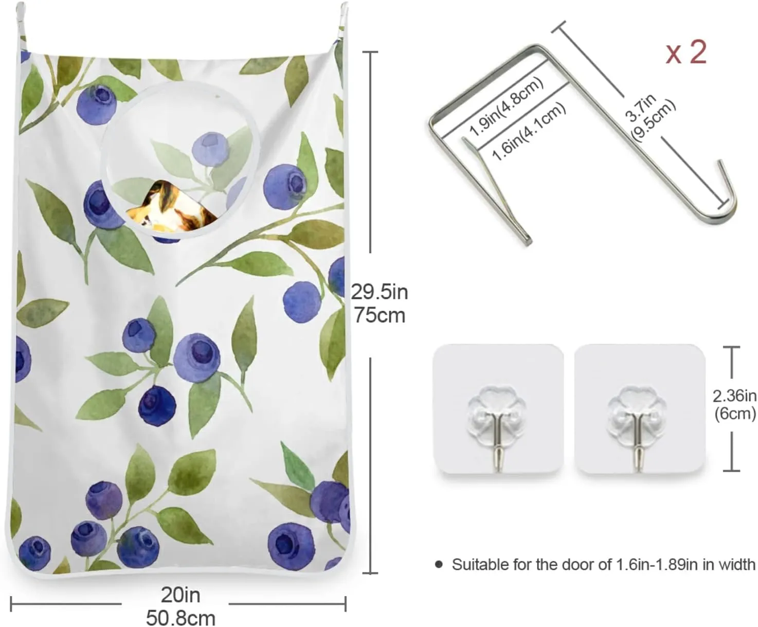 Oyihfvs Seamless Blue Berries with Green Leaves on White Hanging Laundry Hamper Bag, Dirty Clothes Basket Bag with Hooks Bag Space Saving, for Bathroom, Bedroom, Storage, Behind Doors