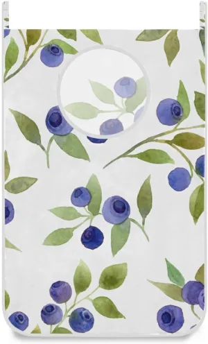 Oyihfvs Seamless Blue Berries with Green Leaves on White Hanging Laundry Hamper Bag, Dirty Clothes Basket Bag with Hooks Bag Space Saving, for Bathroom, Bedroom, Storage, Behind Doors