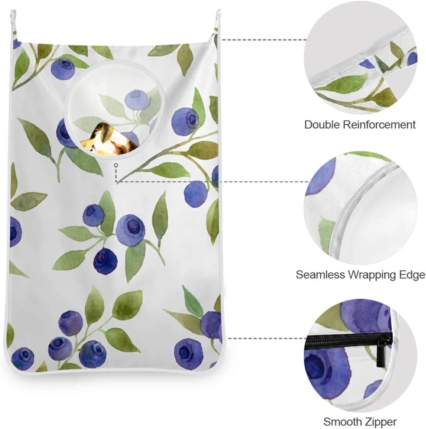 Oyihfvs Seamless Blue Berries with Green Leaves on White Hanging Laundry Hamper Bag, Dirty Clothes Basket Bag with Hooks Bag Space Saving, for Bathroom, Bedroom, Storage, Behind Doors