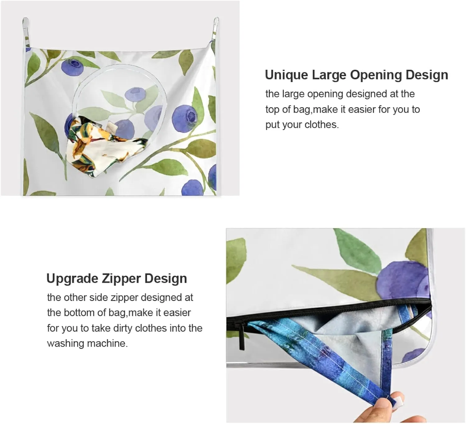 Oyihfvs Seamless Blue Berries with Green Leaves on White Hanging Laundry Hamper Bag, Dirty Clothes Basket Bag with Hooks Bag Space Saving, for Bathroom, Bedroom, Storage, Behind Doors