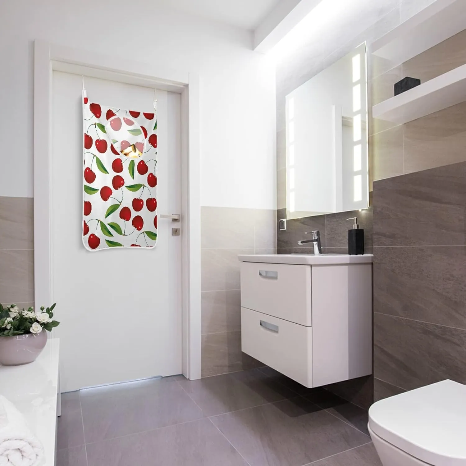 Oyihfvs Seamless Red Cherries with Green Leaves on White Hanging Laundry Hamper Bag, Dirty Clothes Basket Bag with Hooks Bag Space Saving, for Bathroom, Bedroom, Storage, Behind Doors
