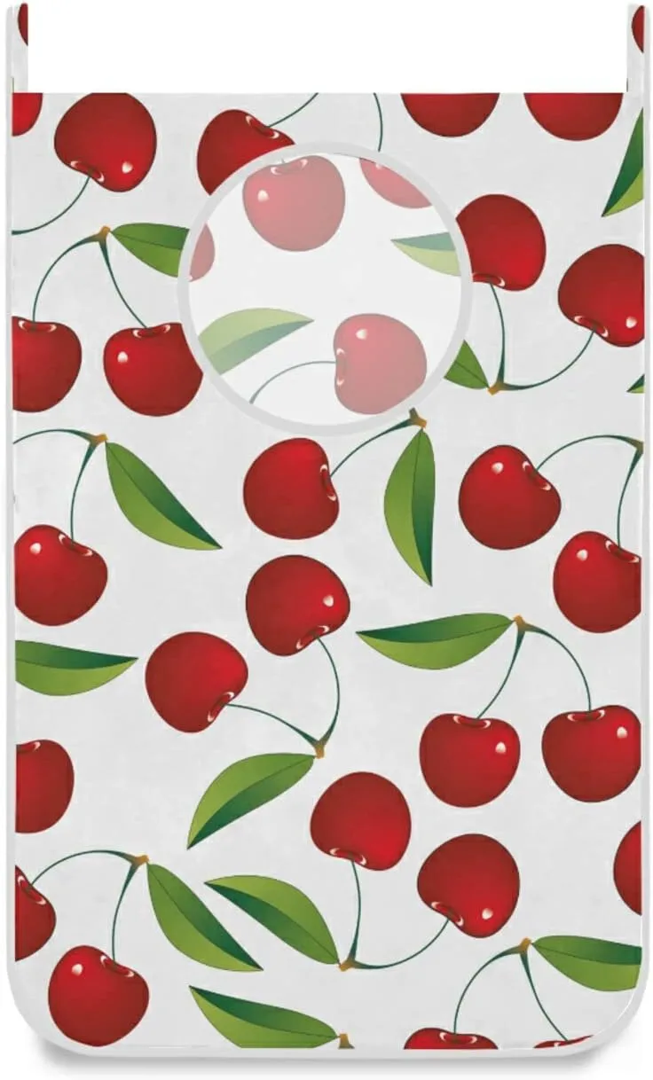 Oyihfvs Seamless Red Cherries with Green Leaves on White Hanging Laundry Hamper Bag, Dirty Clothes Basket Bag with Hooks Bag Space Saving, for Bathroom, Bedroom, Storage, Behind Doors