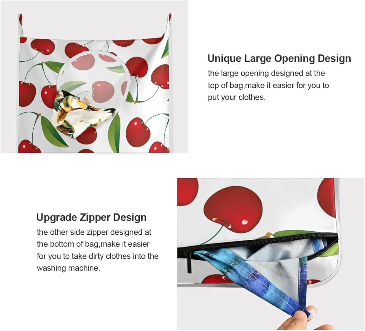 Oyihfvs Seamless Red Cherries with Green Leaves on White Hanging Laundry Hamper Bag, Dirty Clothes Basket Bag with Hooks Bag Space Saving, for Bathroom, Bedroom, Storage, Behind Doors