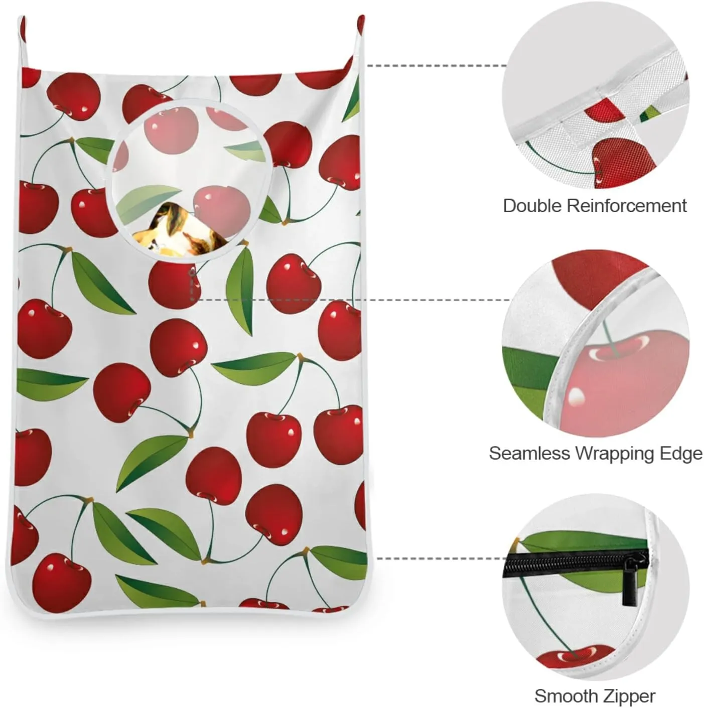 Oyihfvs Seamless Red Cherries with Green Leaves on White Hanging Laundry Hamper Bag, Dirty Clothes Basket Bag with Hooks Bag Space Saving, for Bathroom, Bedroom, Storage, Behind Doors