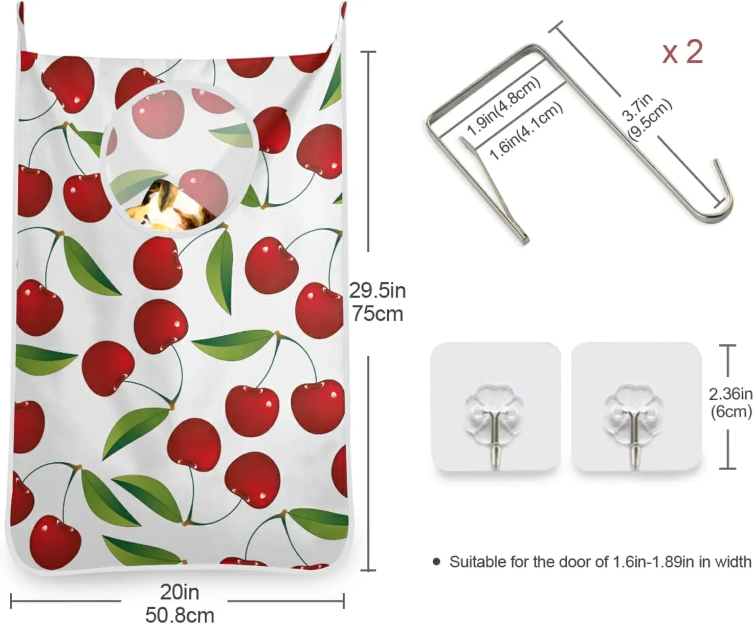 Oyihfvs Seamless Red Cherries with Green Leaves on White Hanging Laundry Hamper Bag, Dirty Clothes Basket Bag with Hooks Bag Space Saving, for Bathroom, Bedroom, Storage, Behind Doors