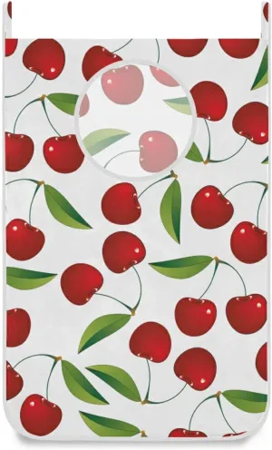Oyihfvs Seamless Red Cherries with Green Leaves on White Hanging Laundry Hamper Bag, Dirty Clothes Basket Bag with Hooks Bag Space Saving, for Bathroom, Bedroom, Storage, Behind Doors