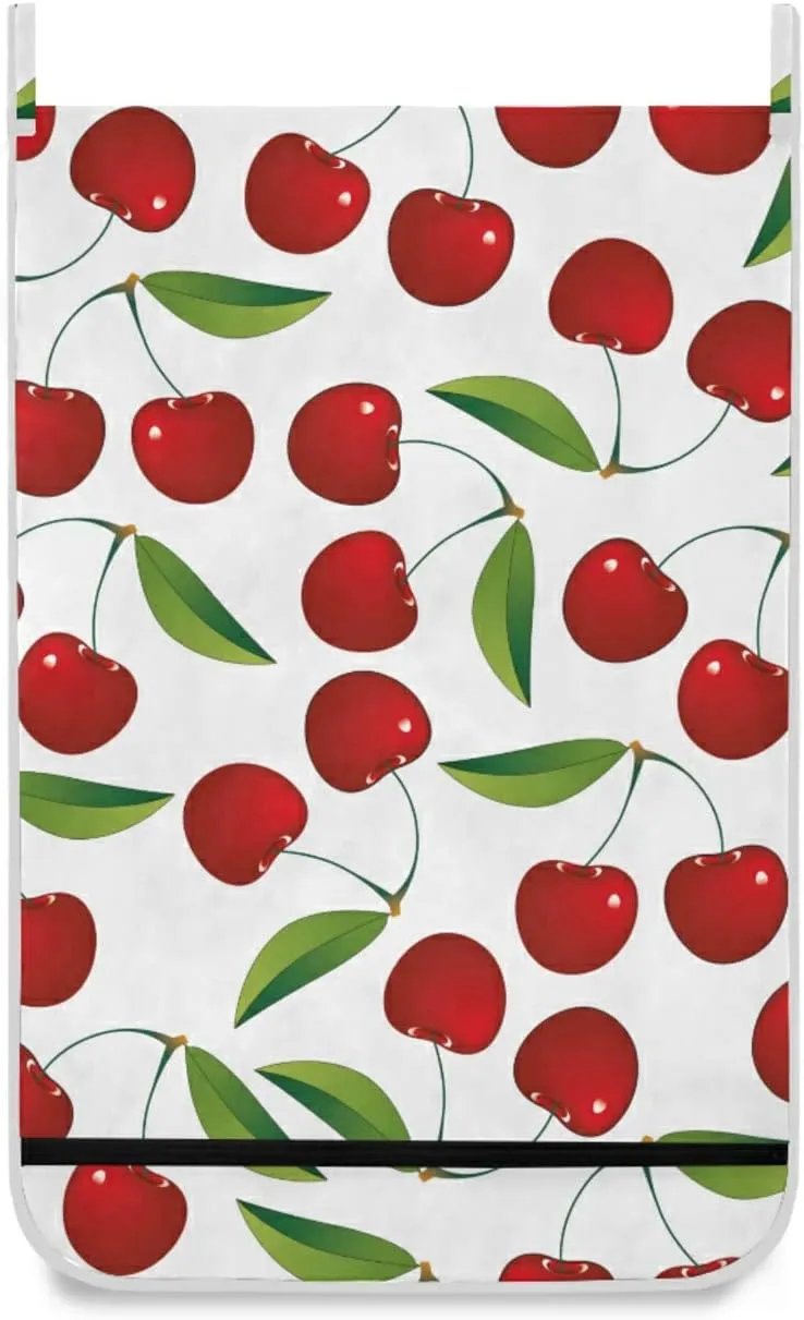 Oyihfvs Seamless Red Cherries with Green Leaves on White Hanging Laundry Hamper Bag, Dirty Clothes Basket Bag with Hooks Bag Space Saving, for Bathroom, Bedroom, Storage, Behind Doors