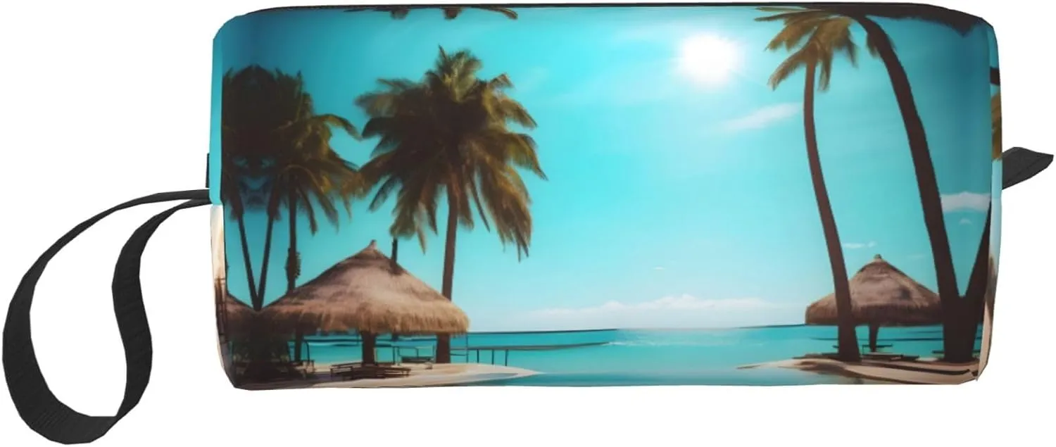 Palm Trees and Clear Sea print Travel Cosmetic Bag Gifts for Women Portable Make Up Bags for Women Mother Sister