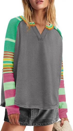 Panadila Womens Striped Long Sleeve Shirt Color Block Raglan Shirt V Neck Patchwork Pullover Tops Casual Cute Top
