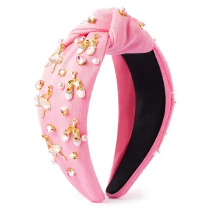 PANTIDE Ballerina Jeweled Knotted Headband - Dancing Girl Ballet Shoes Rhinestone Crystal Pearl Embellished Headband Wide Top Knot Hair Accessories Outfits Birthday Gift for Dancer Women Girl (Pink)