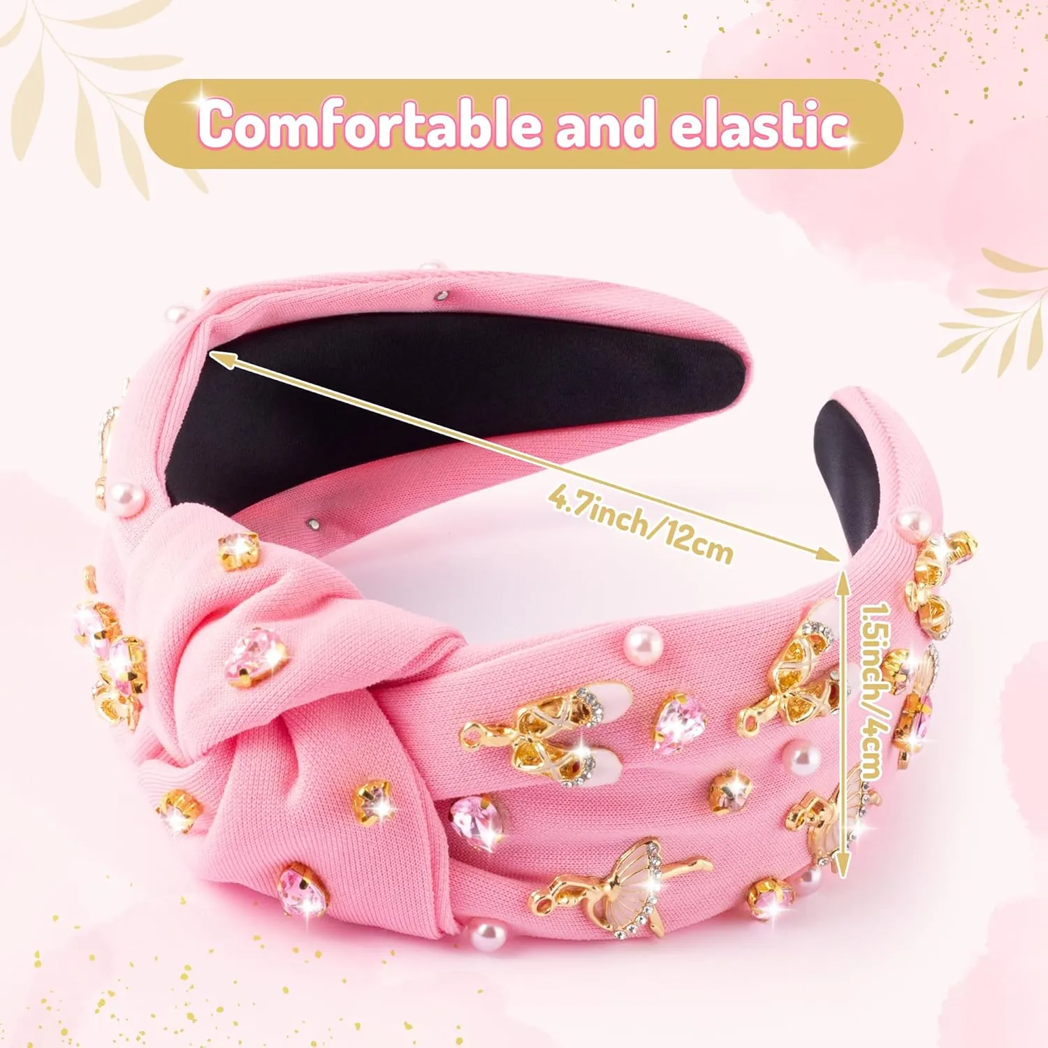 PANTIDE Ballerina Jeweled Knotted Headband - Dancing Girl Ballet Shoes Rhinestone Crystal Pearl Embellished Headband Wide Top Knot Hair Accessories Outfits Birthday Gift for Dancer Women Girl (Pink)