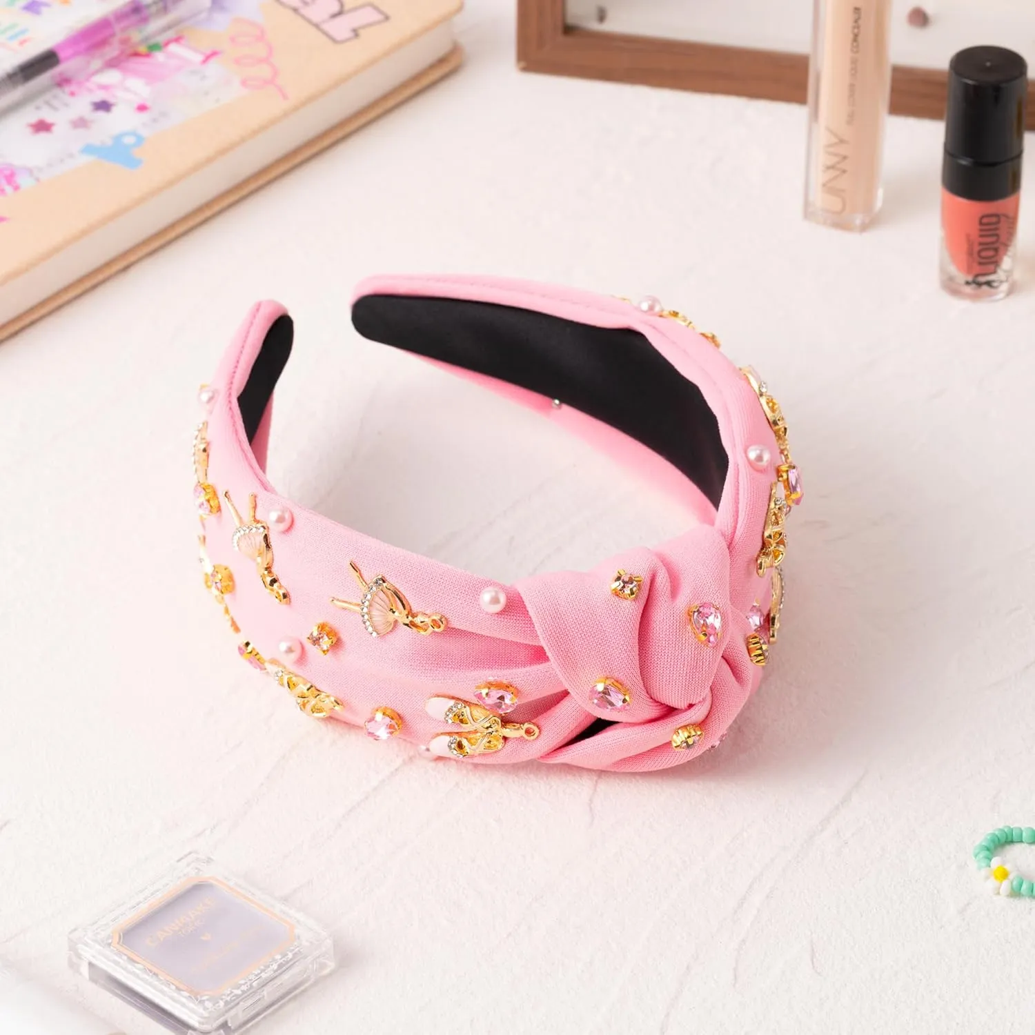 PANTIDE Ballerina Jeweled Knotted Headband - Dancing Girl Ballet Shoes Rhinestone Crystal Pearl Embellished Headband Wide Top Knot Hair Accessories Outfits Birthday Gift for Dancer Women Girl (Pink)