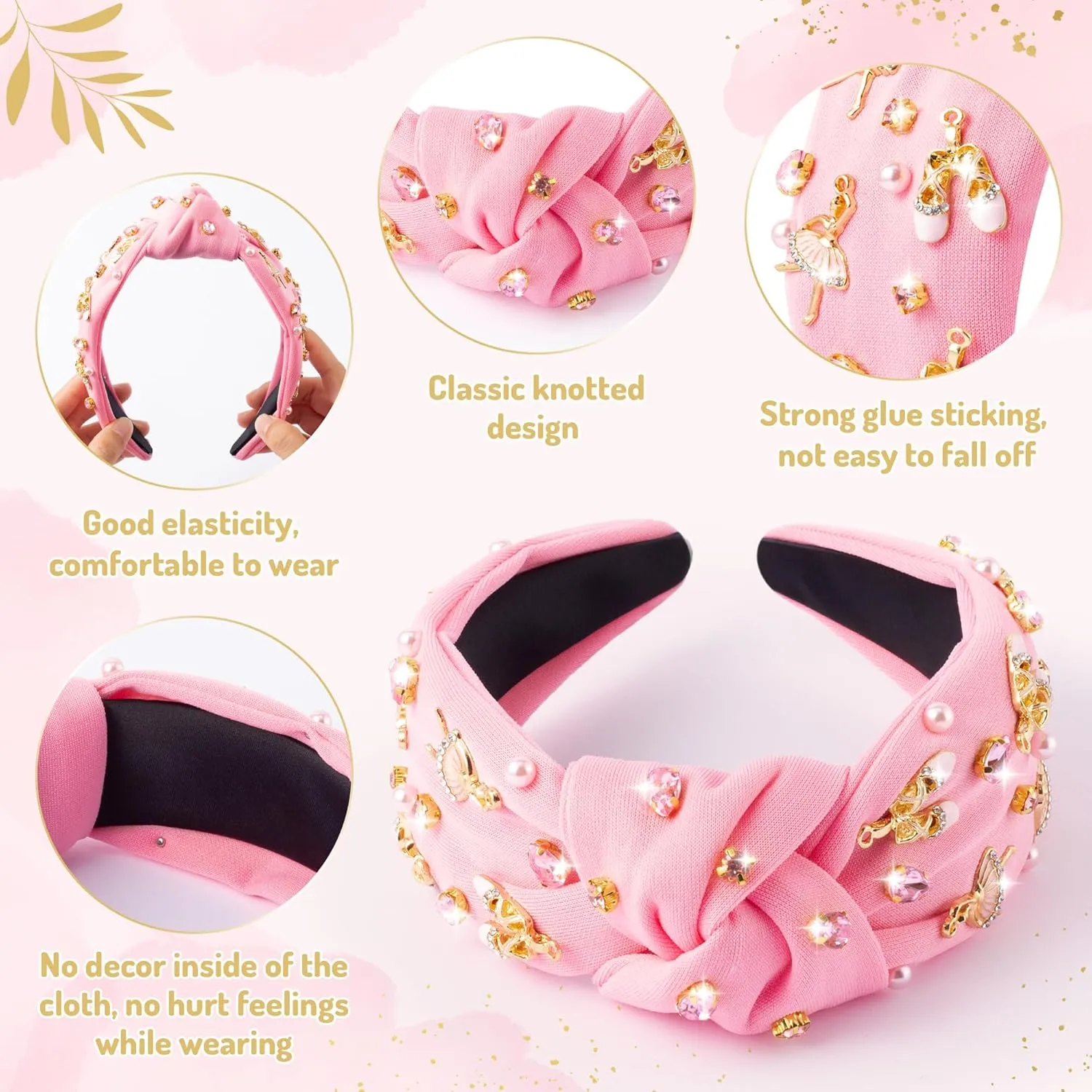 PANTIDE Ballerina Jeweled Knotted Headband - Dancing Girl Ballet Shoes Rhinestone Crystal Pearl Embellished Headband Wide Top Knot Hair Accessories Outfits Birthday Gift for Dancer Women Girl (Pink)