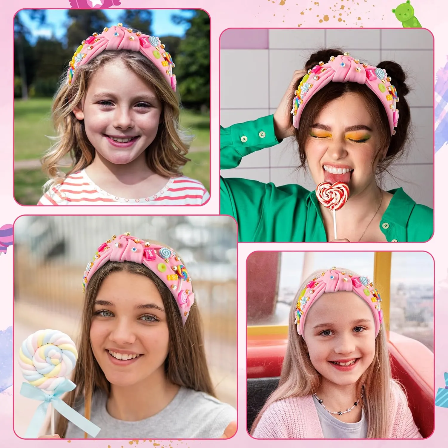 PANTIDE Candy Jeweled Knotted Headband - Rainbow Lollipop Rhinestone Crystal Embellished Preppy Headband Non Slip Wide Top Knot Fashion Hairband Hair Accessories Birthday Gift for Women Girls (Pink)