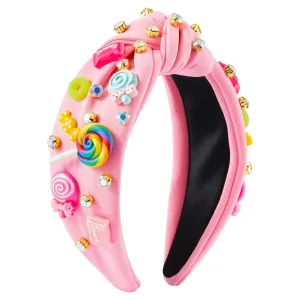 PANTIDE Candy Jeweled Knotted Headband - Rainbow Lollipop Rhinestone Crystal Embellished Preppy Headband Non Slip Wide Top Knot Fashion Hairband Hair Accessories Birthday Gift for Women Girls (Pink)