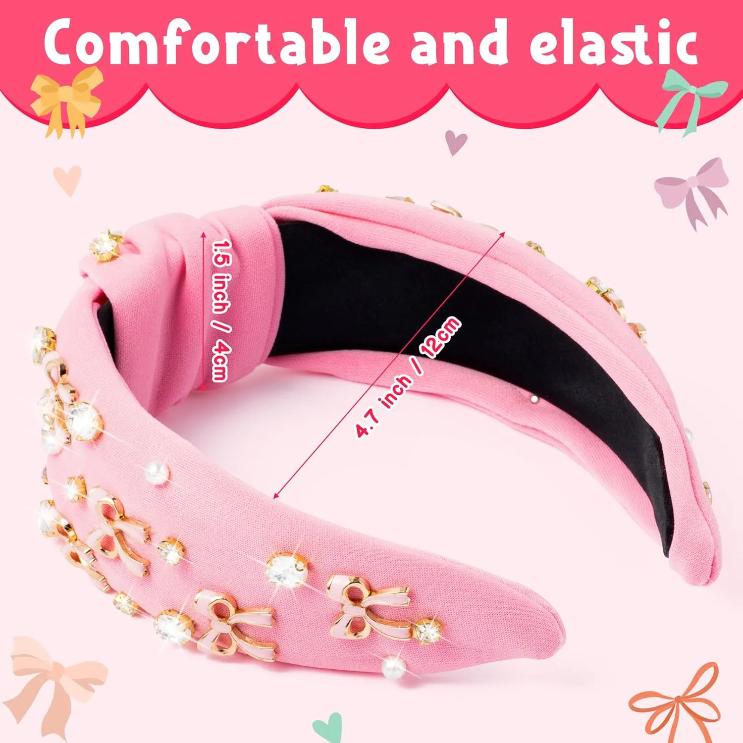 PANTIDE Coquette Pink Bow Jeweled Knotted Headband - Rhinestone Crystal Pearl Embellished Preppy Trendy Headband Wide Top Knot Non Slip Fashion Hairband Accessories Birthday Gift for Women Girl (Pink)