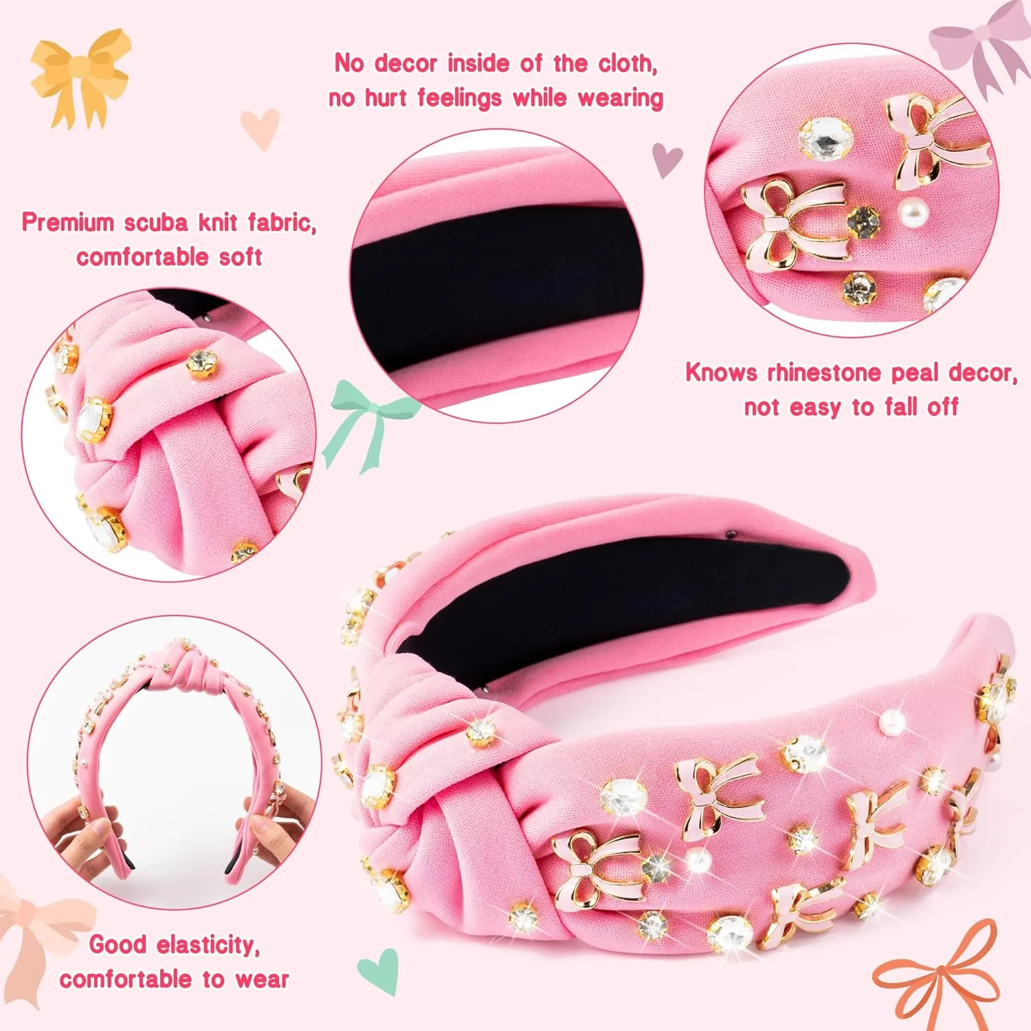 PANTIDE Coquette Pink Bow Jeweled Knotted Headband - Rhinestone Crystal Pearl Embellished Preppy Trendy Headband Wide Top Knot Non Slip Fashion Hairband Accessories Birthday Gift for Women Girl (Pink)